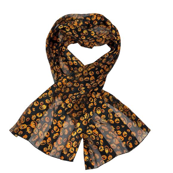 Classic Halloween Pumpkin Face Scarf Black Orange Traditional Spooky Witchcore - Picture 1 of 15